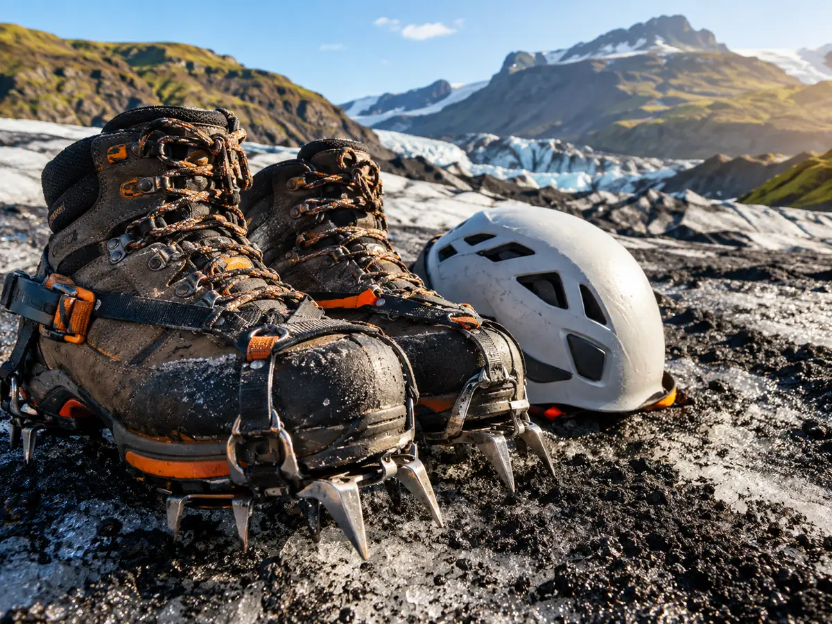 Hiking boots fitted with crampons beside a climbing helmet on ash-covered ice